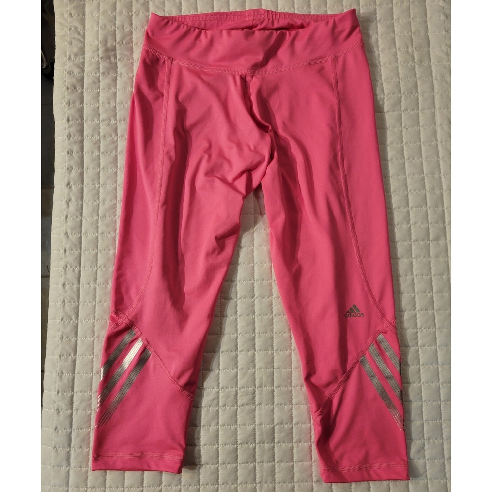 Adidas Climalite Women's S Neon Pink Cropped Leggings Silver Stripe Athletic Gym
